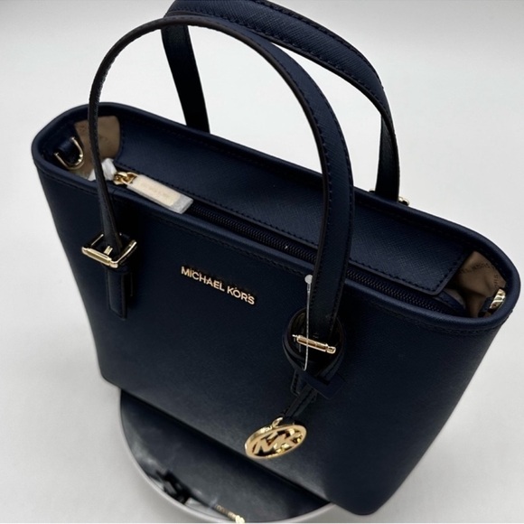 Michael Kors Jet Set Travel Extra-Small Top Zip Tote Bag Navy Blue/Gold - Picture 6 of 9